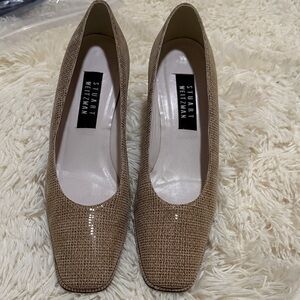 Stuart Weitzman Tan Textured Leather Square-Toe Pumps